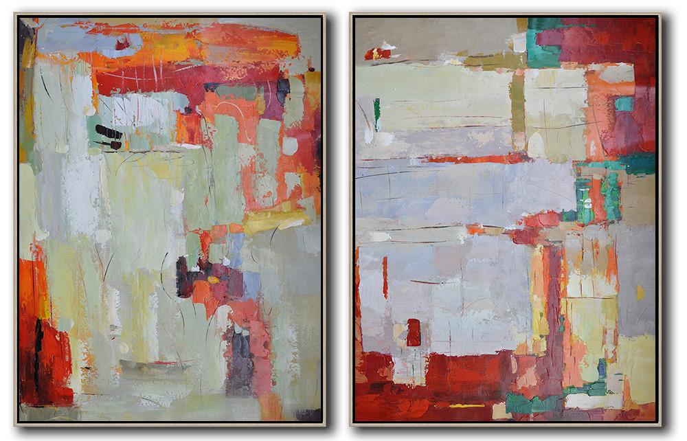 Original Painting Hand Made Large Abstract Art,Set Of 2 Contemporary Art On Canvas,Large Canvas Art,Modern Art Abstract Painting,Red,Grey,Orange,Green.etc